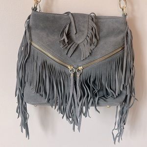 Sorial Gray Suede Fringe Shoulder Bag with Gold Hardware